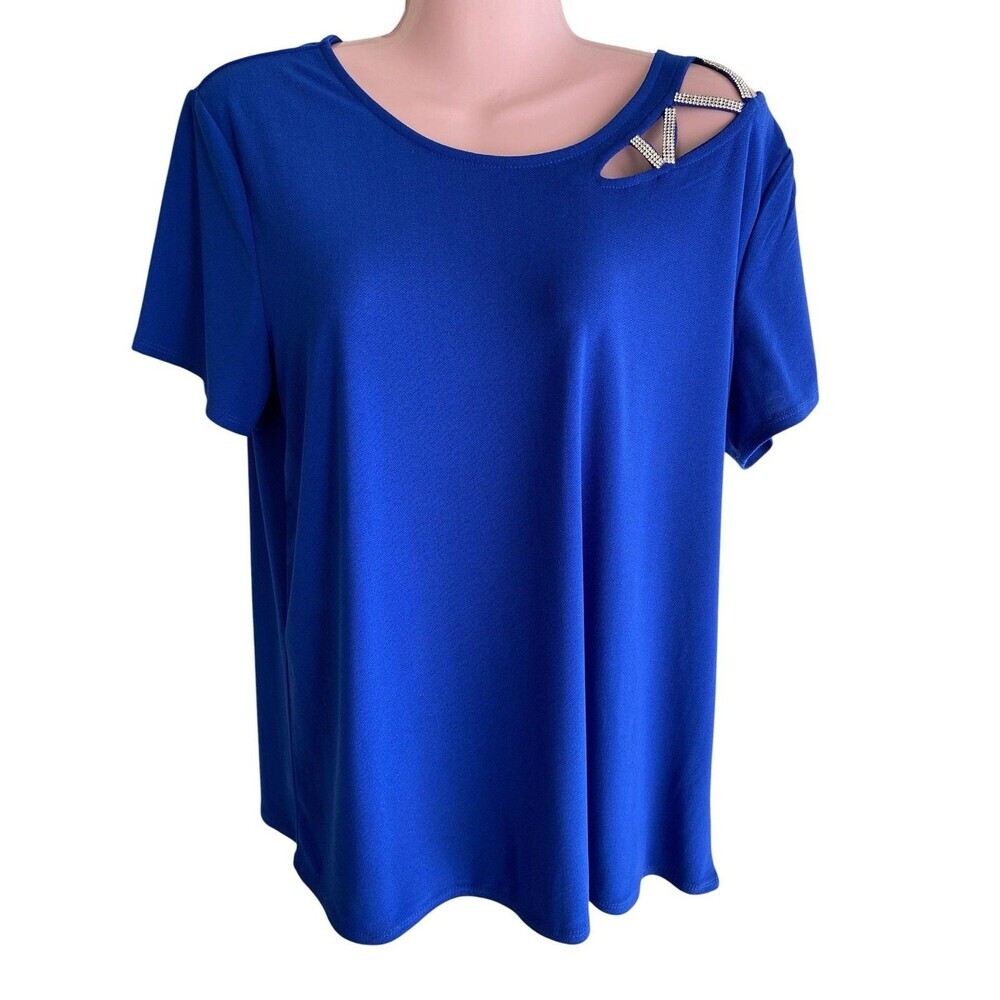 89th + Madison Top Womens Large Blue Rhinestone Strap Cutout Shoulder Jersey